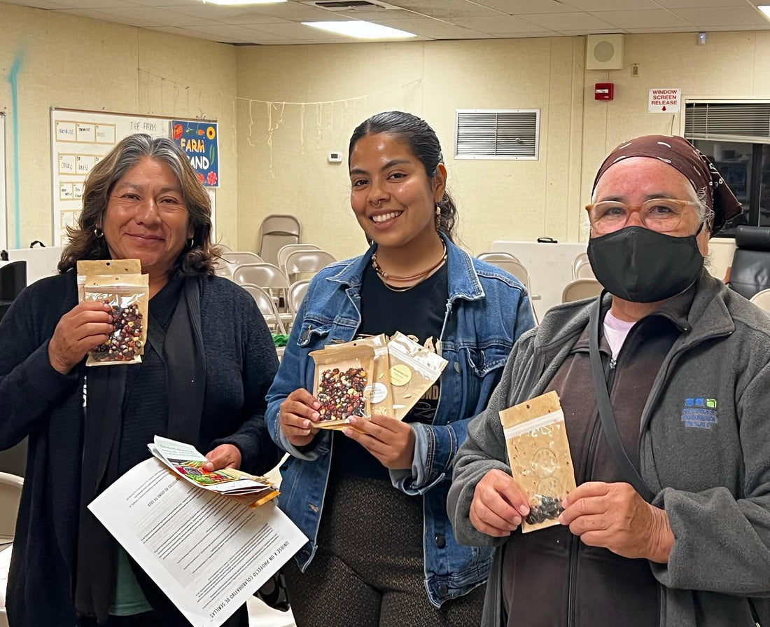 Diana Leal  (center) and other participants of a workshop in Richmond hosted by Urban Tilth and Richmond Grows Seed Lending Library
